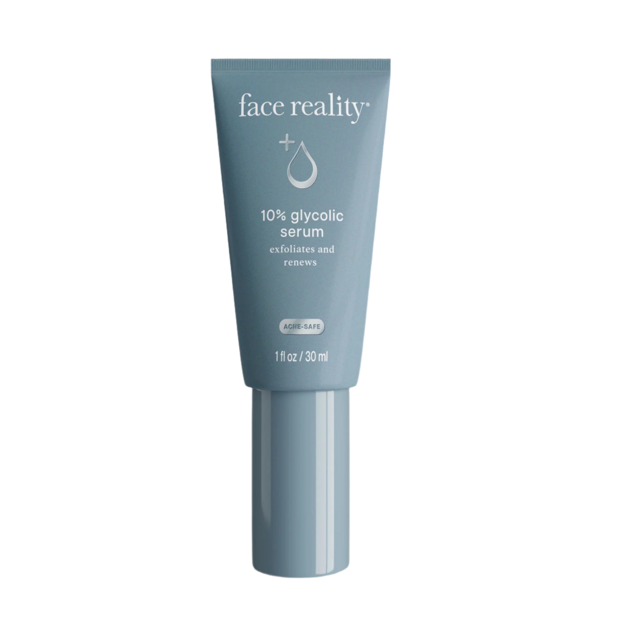 Tube of face reality 10% glycolic serum on a gray background