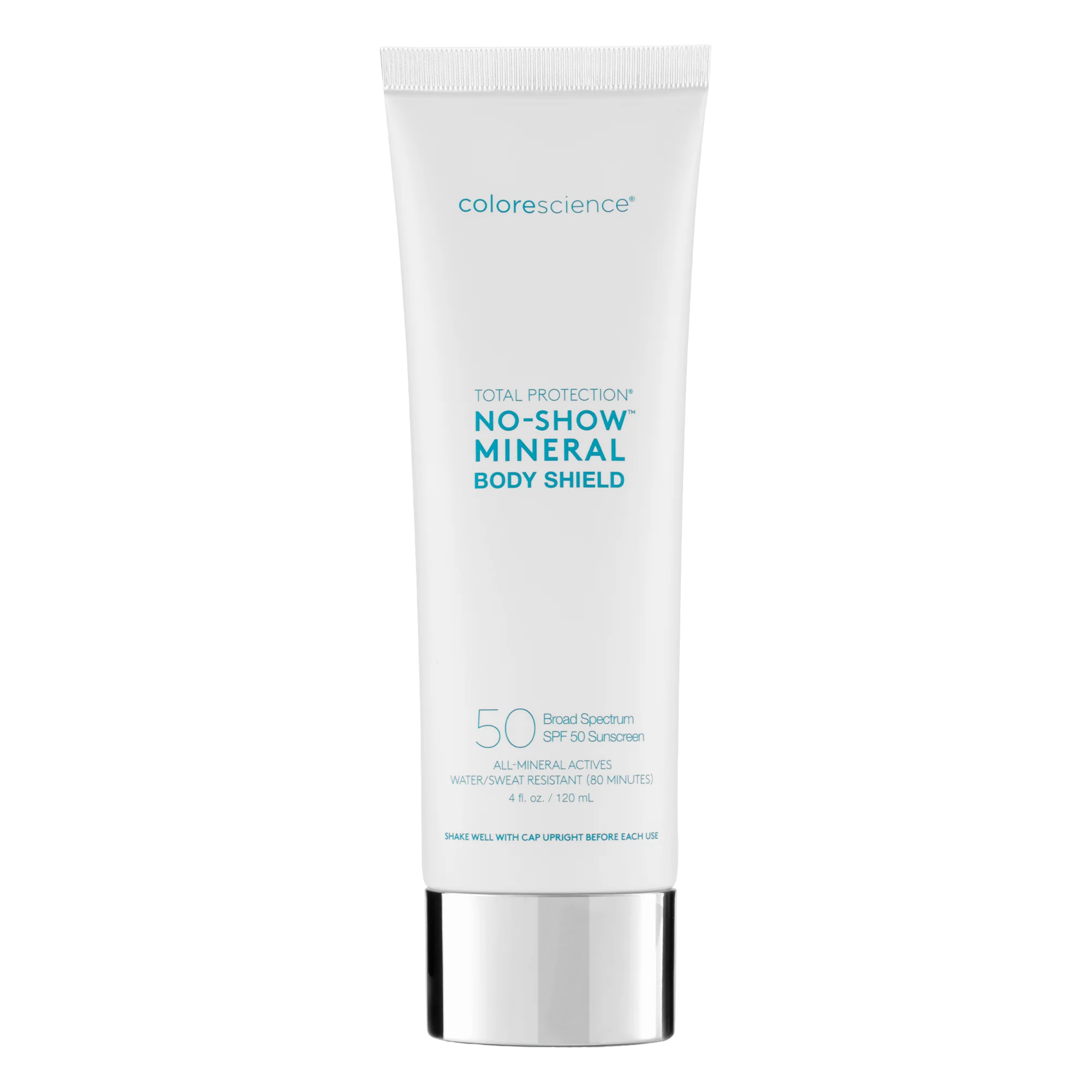 Tube of Colorescience No-Show Mineral Body Shield sunscreen on a white background