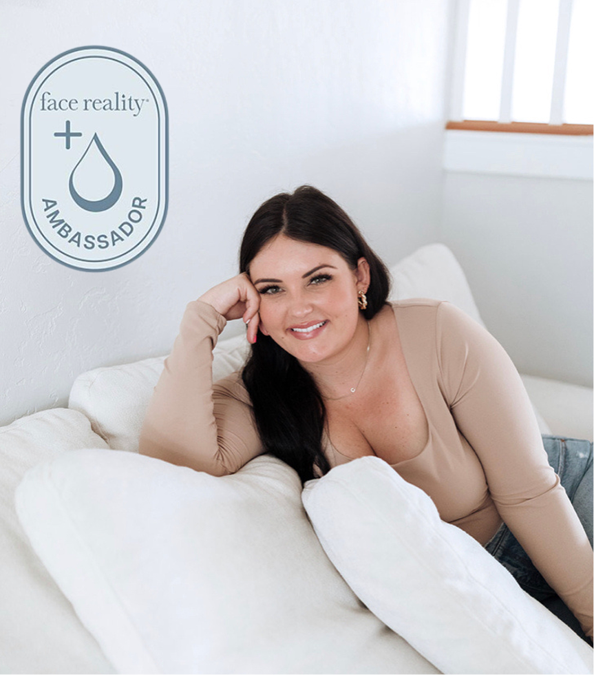 Woman lounging on a couch with 'face reality' logo and text overlay