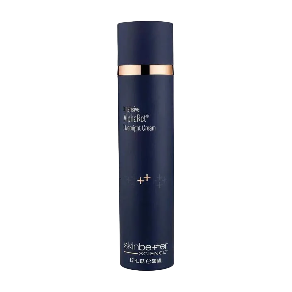 Blue skincare bottle with gold accents on a white background