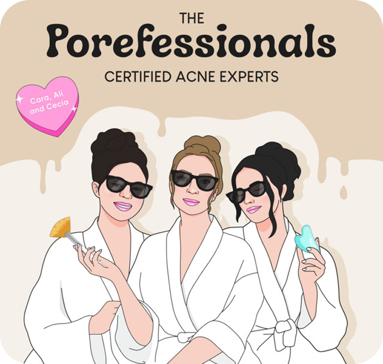 Illustration of three women in white robes with 'The Porefessionals' branding.